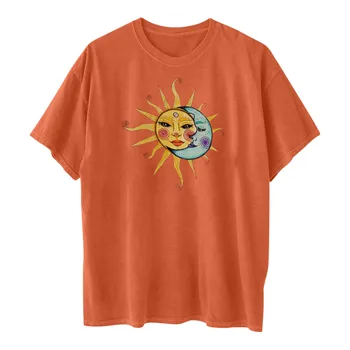 Mados Viršūnes Moterų Karšto Plius Dydis Prarasti Derliaus Saulės Ir Mėnulio spausdintą Modelio Atsitiktinis Vasaros trumpomis Rankovėmis negabaritinių marškinėliai