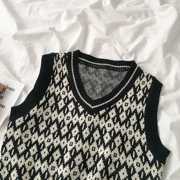 Marškinėliai Moteriški Streetwear Geometrinis Megztinis V-Kaklo Moksleivių Harajuku Derliaus Mezgimo Tamprumo Madinga Chic Mados Nauja