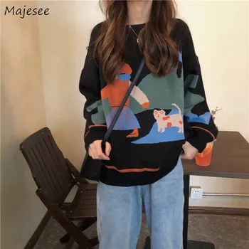 Megztinis Megztinis Moterų Harajuku Laisvalaikio Mielas Studentų Streetwear Kawaii Spausdinti Prarasti Prabangus Naujas Korėjos Stiliaus Ulzzang Retro Ins