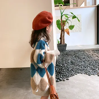 Mergaičių Paltai Bamblys Vaikams Ilgomis Rankovėmis Deimanto Modelis Negabaritinių Ilgomis Rankovėmis Džemperis Cardigan Vaikai Ilgai Ilgis 2019 Žiemos Drabužių