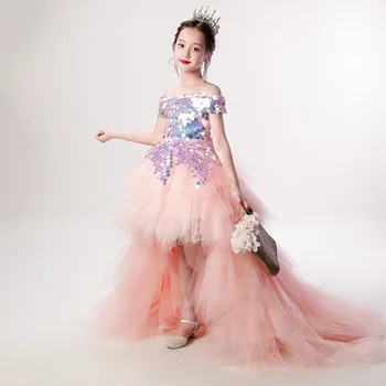 Merginos Princesė Suknelė B019 2020 Rožinė Nuo Peties Blizgančiais Gėlių Mergaičių Suknelės Elegantiškas Trumpas Rankovės Valtis Kaklo Traukinio Kamuolys Suknelė