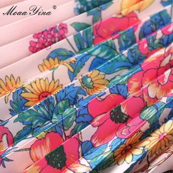 MoaaYina Mados Dizaineris suknelė Vasaros Moterų Suknelė trumpomis rankovėmis Lankas apykaklės Nėrinių Gėlių Spausdinti Elegantiškas Plisuotos Suknelės