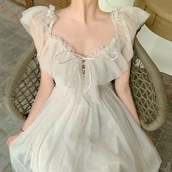 Moterys Vasarą Elegantiškas Akių Pynimas Suknelė Dirželiai Saldus Lolita Pasakų Princesė Promenadzie Suknelė Derliaus Šventė Baltos Suknelės