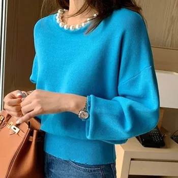 Moterys, negabaritinių rudens žiemos megztinis mėlyna duobute prekės ženklo dizainas japonijos korėjiečių atsitiktinis ilgomis rankovėmis megzti viršų office lady megztiniai