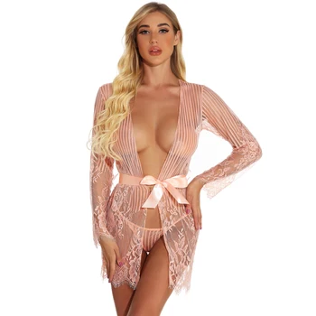 Moterys, seksualus apatinis trikotažas, erotinis suknelė Nėrinių siuvinėjimas Rožinė Vien femme Babydoll Cosplay