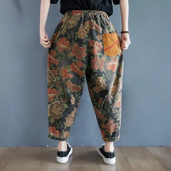 Moterų Atsitiktinis Džinsus Naujų 2020 M. Rudens Derliaus Stilių Streetwear Gėlių Spausdinti Elastinga Juosmens, Palaidi Moterų Džinsinio Haremo Kelnės S2279