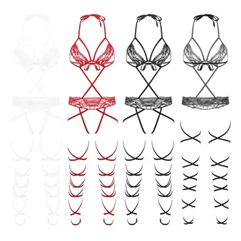 Moterų Erotiniai Matyti Per Balniškumas Nėrinių Lingerie Bodysuits Diržo Nėrinių Puodeliai Savarankiškai kaklaraištis Mini Leotard Bodysuit su Twining Kojų Dirželiai