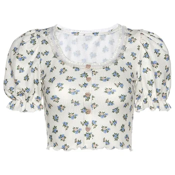 Moterų Pasėlių Viršuje Gėlių Nėrinių Kratinys marškinėliai Atsitiktinis Trumpos Pynimas Rankovės U-kaklo Mygtuką Viršuje Vasaros 2020 Vest Ponios Palaidinė Tees