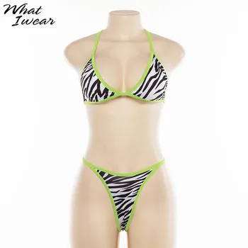 Moterų Zebras Spausdinti rinkiniai Neoninė Žalia Bikini rinkiniai, Paplūdimio Atostogų, laisvalaikio kostiumai Dviejų dalių Seksualus Kostiumai Vasaros Camis Underpant Rinkiniai