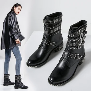 Moterų batai natūrali oda viršutinė batai moterims, rudenį ir žiemą, aksomo, Gatvės stiliaus pop-Roko stiliaus trumpi batai
