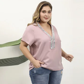 Moterų nauja vasaros plius dydis viršūnes moterų palaidinė didelis trumpomis rankovėmis atsitiktinis palaidų blizgančiais V-kaklo marškinėliai pink 4XL 5XL 6XL 7XL