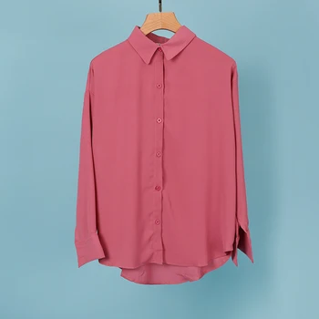 Moterų Šifono ilgomis Rankovėmis Marškinėliai Kieto Rožinė Vieną Krūtinėmis Ponios Office Marškinėliai 2020 Metų Vasaros Atsitiktinis Viršūnes Moterų Plius Dydis 4XL