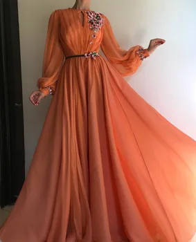 Musulmonų Orange ilgomis Rankovėmis Gėlės Dubajus Vakaro Suknelės-Line Šifono Islamo Saudo arabų Ilgai Promenadzie Suknelė Chalatas de soiree
