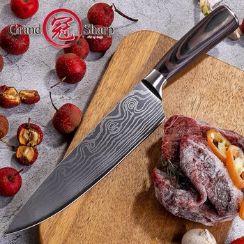 NAUJAS Chef peilis yra didelių anglies nerūdijančio plieno šlifavimas lazeriu Damaske modelis virtuvės peiliai medžio rankena kreditinės kortelės peilis dovanų