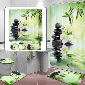 NAUJOS Dušo Užuolaidos Vonios Apdaila 3D Bambuko Tekančiu Vandeniu, Žalia Bambuko Dušo Užuolaidos Tualeto Dangčio Kilimėlis neslidus Rinkinys