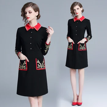 Nauja Elegantiška Vintage Moterų Siuvinėjimo Slim Tunika Midi Suknelė Office Lady Riešo Rankovės Juodos Suknelės, Šaliai, Drabužių