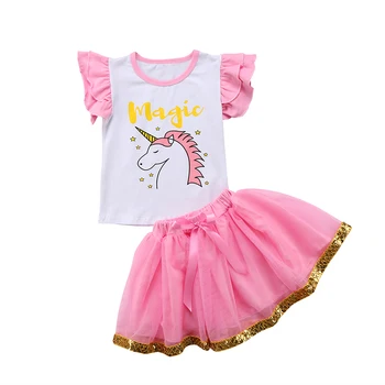 Nauja Vasaros Baby Girl Magic Vienaragis Ruffles Rankovėmis Liemenė marškinėliai Topai+Tutu Boll Suknelė Sijonas, Lankas, 2VNT Vaikams Drabužių Rinkinys