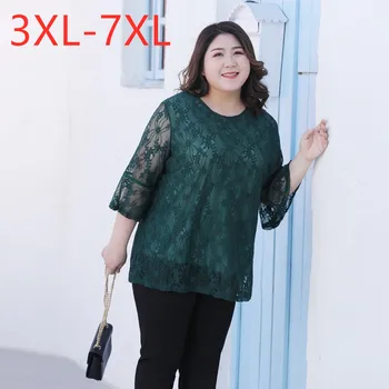 Naujas 2021 m. vasarą plius dydis viršūnes moterų didelės palaidinė trumpomis rankovėmis prarasti atsitiktinis nėrinių žalia O kaklo marškinėliai raudona 3XL 4XL 5XL 6XL 7XL