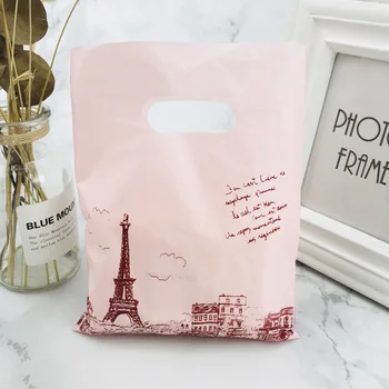 Naujas Dizainas 15x20cm Rožinė Paryžiaus Bokšto Papuošalai Plastiko Maišą Su Rankenomis 100vnt Pirkinių Krepšys Pakuotės Vestuvių Dekoravimas