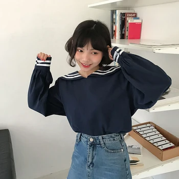 Naujas Korėjos Preppy Stilius Sailor Apykaklės Stripe Marškinėliai Moterims Rudenį Ilgomis Rankovėmis Prarasti Atsitiktinis Palaidinė Moteris Mielas Viršūnės