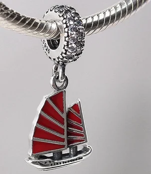 Naujas Nekilnojamojo 925 Sterlingas Sidabro Pakabukas Karoliukai Red Emalį Burlaivis Laivo Tabaluoti Žavesio Tinka Visos Originalios Apyrankės Moterims 