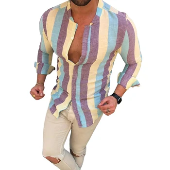 Naujausias vyriškų drabužių Spalvinga Juostele Marškinėliai Spausdinami Atsitiktinis ilgomis Rankovėmis Slim Fit Aikštėje Apykaklės Atostogų Vyrų Socialinio Verslo Viršūnes