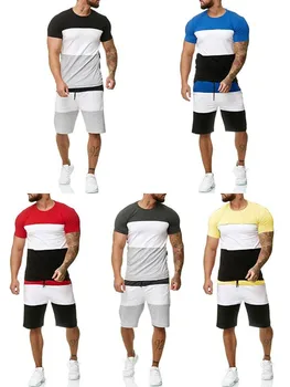 Nauji vyriški trumpomis rankovėmis apvalios kaklo + šortai sportinis kostiumas vasaros lauko fitneso sportas spalvų marškinėliai šortai rinkinys