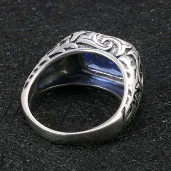 Nekilnojamojo Grynas 925 Sterlingas Sidabro Žiedai Vyrams, Mėlyna Natūralių Kristalų, Turkio Akmuo Mens Žiedas Derliaus Graviruotas Gėlių Fine Jewelry