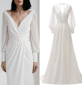 Nekilnojamojo MĖGINIO foto ilgomis rankovėmis paprasta satino šifono bridal vestuvinė suknelė suknelė GAMYKLOS KAINA, PLIUS DYDIS