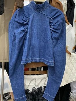 Nemokamas pristatymas sunkiųjų amatų moterų džinsinio mados klostuotas trumpas marškinėliai 2020New ponios rudenį ilgomis rankovėmis atgal užtrauktuką viršuje marškinėliai XL