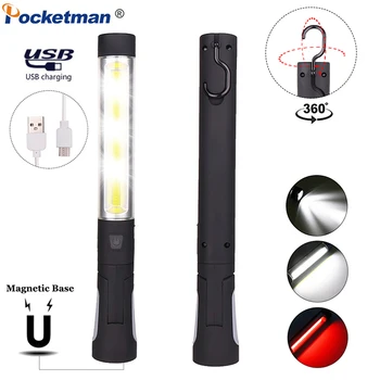 Nešiojamų Darbą Šviesos COB LED Žibintuvėlis Magnetinio Fakelas USB Įkrovimo Raudona Balta Worklight Lankstus Tikrinimo Lempa su Kabliu