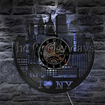 Niujorko Laisvės Statula LED Vinilo Įrašas Modernaus Dizaino Sieninis Laikrodis Miesto Kraštovaizdžio Namų Dekoro Sienos Žiūrėti LED Šviesos Naktį