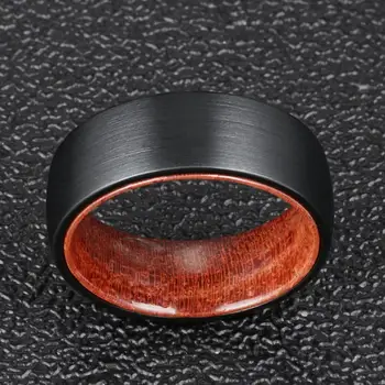 POYA VOLFRAMO Žiedas Vyrams 8mm Juodas Matinis Apdaila Vestuvių Juostoje Raudonmedžio Komfortas Įdėklas Tinka