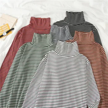 Pavasarį, rudenį Moterų marškinėliai ilgomis rankovėmis Golfo slim Marškinėliai Femme, mados Paprastas juostelės t-shirt pagrindinis Dugno į Viršų Marškinėlius