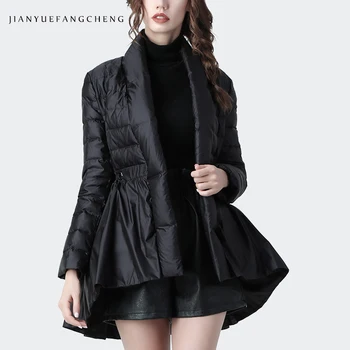 Peplum Mados Moterų Ančių Pūkų Paltai Naujas 2019 Žiemą Šiltas Sutirštės Juodas Plonas Juosmens Plus Size Žemyn Šuo-Paltai Streetwear