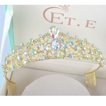 Prabanga Baroko Gold Crystal Crown Rožančiai ir Vestuvių vestuvių šalies Moterų AB kalnų krištolas Merginos Rožančiai Nuotakos šukuosena, Plaukų Papuošalai