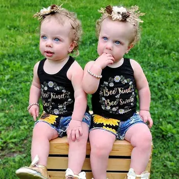 Pudcoco Drabužius Mergina Vaikams Baby Girl Drabužių Komplektus Gėlių T-shirt Viršūnes +Denim Džinsai, Kelnės, Šortai Rinkinys
