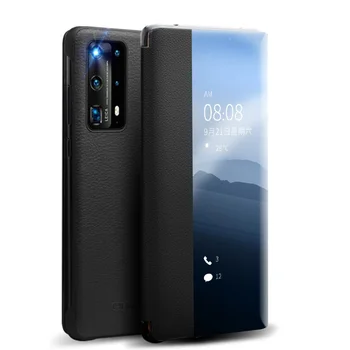 QIALINO Prabangus natūralios Odos Telefono Dangtelis Huawei P40 Pro+Plius su Smart View Flip Ultra Plonas korpusas, skirti 