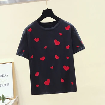 Raudona širdis T-Shirt Moters Drabužių, Siuvinėjimas, Marškinėliai Moterims 2019 M. Vasarą Marškinėlius Moterų trumpomis Rankovėmis Medvilnės Marškinėliai Femme harajuku