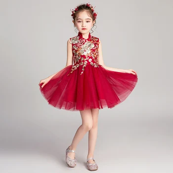 Raudonos Nėrinių Mergina Dress Vaikai Mergina Šalis Princesė Chalatai Appliques Gėlių mergaičių Suknelės, Vestuvių Vaikai Mergina Pirmos Komunijos Suknelė
