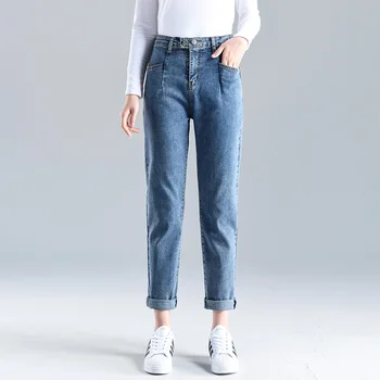 Retro aukšto juosmens straight džinsai moterims streetwear laisvas ruožas plius dydžio kelnės mygtuką, užtrauktukas ponios džinsai 2020 m.