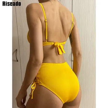 Riseado Seksualus High Waisted Bikini Push Up Maudymosi Kostiumėlį, Geltonos Spalvos Nėrinių Maudymosi Kostiumėliai Moterims, Briaunoti 2021 Bikini Komplektas Dirželis Paplūdimio