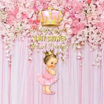 Rožinė Baby Shower fonas Royal Princess Šalis Dekoracija Mergina Aukso Karūna Kūdikių Fone Gimtadienio Gėlių cutrain Sm-046