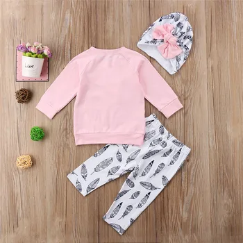 Rudens Vaikas, Bamblys Baby Girl Karūna Viršūnes Long Sleeve T-shirt +Išspausdinti Kelnės Drabužių Komplektus Skrybėlę 3pcs 0-4T