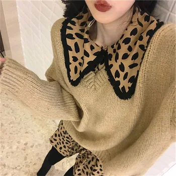 Rudenį, Žiemą Moterų Suknelės Rinkiniai Retro Dviejų dalių Vintage Megztinis Leopardas Spausdinti mini Suknelė su Lėlės Apykaklę ir Kietojo Megztinis