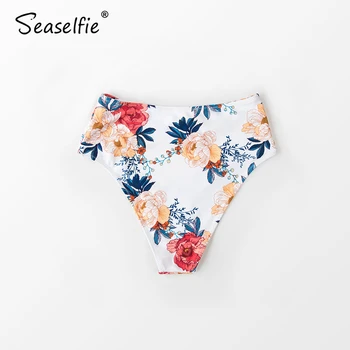 SEASELFIE Baltųjų Gėlių High Waisted Bikini Bottom Moterys Trumpas Atskirų Apačioje Moteriškos Kelnaitės 2021 Vieną Plaukti Šortai, maudymosi kostiumėlį