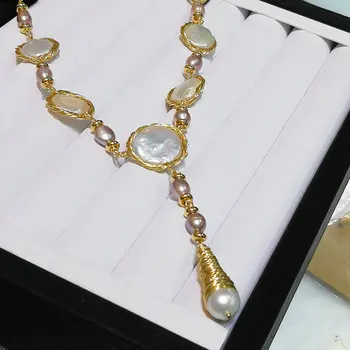 SINZRY rankų darbo aukso spalvos spalvingas gamtos perlas baroko kutas karoliai panele, bižuterijos