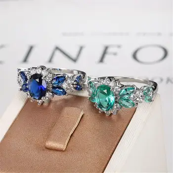 Safyras &Smaragdas brangakmenių mėlyna kristalų Žiedai moterims cirkonis deimantu balto aukso sidabro spalvos mujer šaliai, papuošalai bijoux dovana