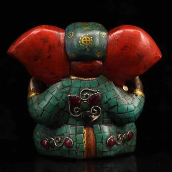 Senoji Tibeto Budizmo rankų darbo gryno vario inkrustacijos pusbrangiai akmenys, turkis turtų Dievas, kaip galvos Ganeša skulptūra