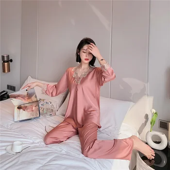 Sexy Nėrinių Kraštais Pižamos Mujer PJ Nustatyti Homewear 2020 M. Moteris Elegantiška Pižama Nustatyti Šilko ilgomis Rankovėmis Pijamas Atsitiktinis Sleepwear